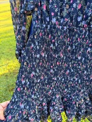 Lush Clothing Floral Smocked Mini Dress Medium Navy Blue Ruffle Long Sleeve Cottagecore thumbnail 8