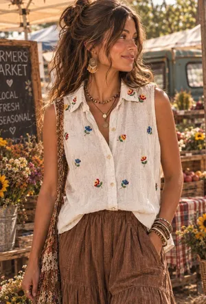 Vintage Sleeveless Embroidered Button-Front Cotton/Linen Top - Cream/Bei thumbnail 1