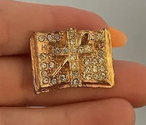 Vintage Holy Bible Rhinestone Jewel‎ Open Book Religious Brooch Signed RA thumbnail 1