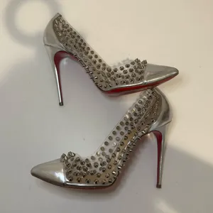 Christian Louboutin Metallic Silver Gloss Clear PVC Spike Me 100 Pumps Size 39 thumbnail 9