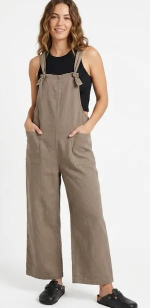 Miou Muse Taupe Linen-Blend Wide-Leg Overalls - Size M Women’s thumbnail 1
