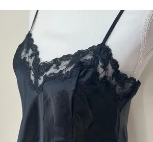 Victoria’s Secret Vintage from 1999 (the 90’s) black satin finish silk slip dress mini dress with floral lace trim along top hem thumbnail 4