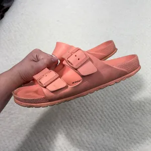 Birkenstock Peach Pink Rubber Arizona Two Strap Slip On Comfort Sandals 40 L9 M7 thumbnail 4