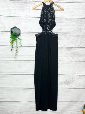 Sheer Black Lace Halter Neck Open Back High Slit Maxi Evening Gown Size Small thumbnail 5