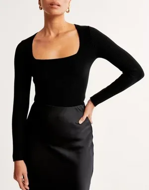 Abercrombie & Fitch Ribbed Square Neck Bodysuit Size XS Black Minimalist Preppy thumbnail 1