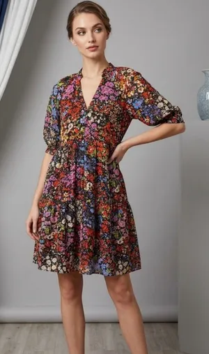 ANTHROPOLOGIE Maeve Melinda Tiered Tunic Dress XS 18.5” p2p Black Multi EUC thumbnail 1