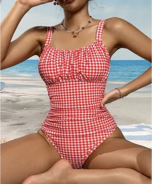 Women’s Gingham One Piece Swim Suit Red M New thumbnail 1