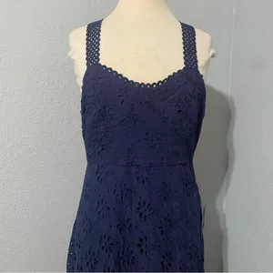 Lulus Navy Blue Holiday Sleeveless Trimmed Embroidered‎ Asymmetric Dress Sz M thumbnail 8