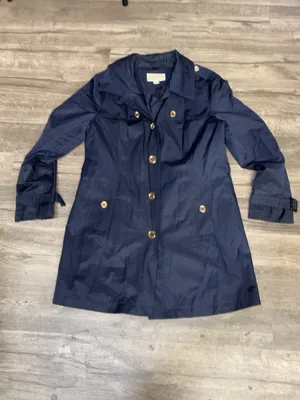 Michael Michael Kors Navy Blue Trench Coat Gold Buttons Women’s Size L thumbnail 3