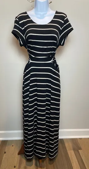 Garnet Hill Maxi Dress Size L Black Cream Striped Tie‑Front Short Sleeve thumbnail 1
