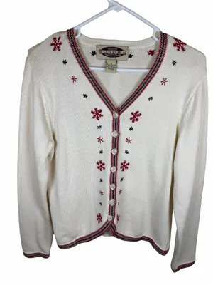 Vintage Sonoma Snowflake Cardigan V-Neck Knit Christmas Fair Isle Ivory Red Sz M thumbnail 2