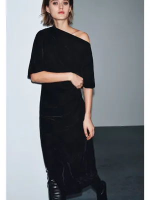 Zara ZW COLLECTION VELVET DRESS Black‎ One-Shoulder Midi Dress thumbnail 2