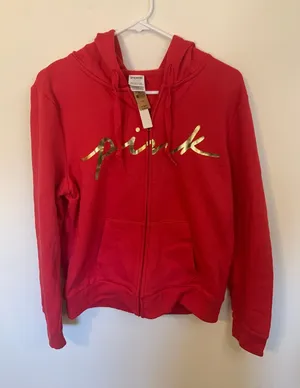 VS Y2K Cozy Aesthetic Pink Zip Up Hoodie Womens Large Red NWT Gold Logo Fleece thumbnail 1
