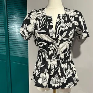 Anthropologie NWOT Somerset Blouse tropical black white floral top - XS thumbnail 3