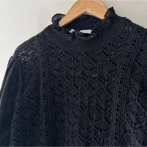 Zara Black Crochet Lace Puff Sleeve Cropped Sweater‎ Boho Top Victorian thumbnail 2