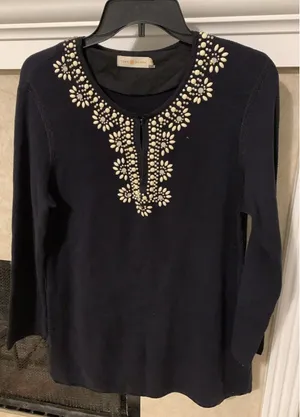 Tory Burch Embellished Black Sweater Tunic Beaded Floral Size M Cotton thumbnail 1