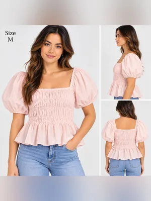 Mi Ami Francesca’s Pink Puff Sleeve Smocked Peplum Top Women’s M NWT thumbnail 2