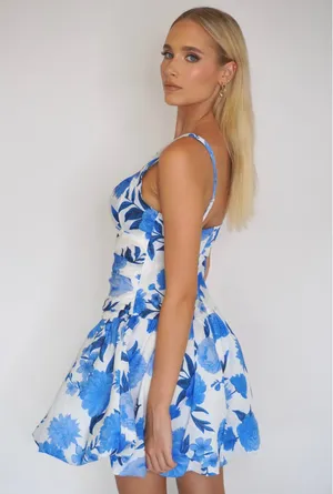 Angel Biba Bow Detail Ruched Bodice Bubble Hem Floral Print Mini Dress White and Blue thumbnail 3