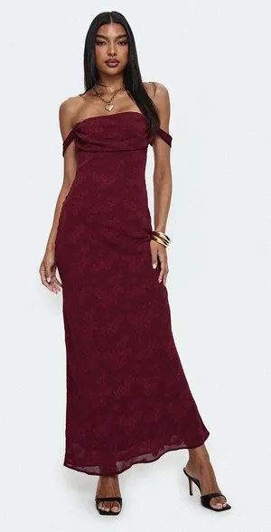 Princess Polly Azura Off The Shoulder Maxi Dress Burgundy thumbnail 1