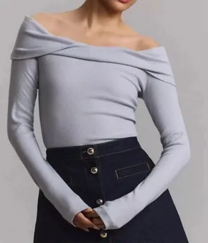Pilcro Anthropologie Off The Shoulder Light Blue Micro Ribbed Long Sleeve‎ Top thumbnail 1