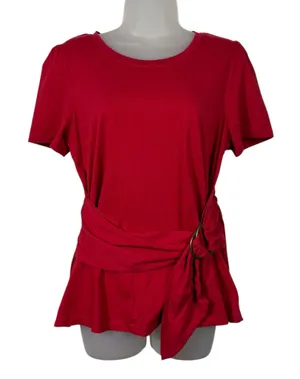 Anthropologie Maeve Dakota Red Short Sleeve Wrap Belted T-Shirt Large L Holiday thumbnail 1