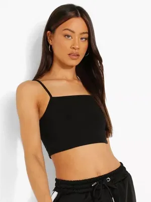 Boohoo Racer Neck Cotton Crop Top NWT Black Size US 8 Medium thumbnail 1