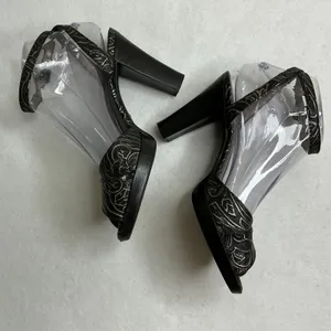 Franco Sarto Womens 6M Black Silver Metallic Embossed Ankle Strap Peep Toe Heels thumbnail 4