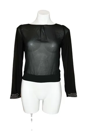 Do Be Black Sheer Mesh Long Sleeve Slashed Shredded Back Studded Cuff Top Small thumbnail 1