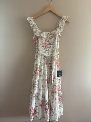 Lulus Shela Ivory Floral Jacquard Tiered Midi Dress Size Small Sleeveless Flirty thumbnail 4