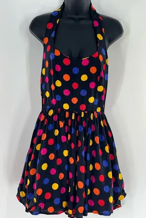 80s Glam Black Halter Polka Dot Sundress with Multicolor Dots-Size S thumbnail 1