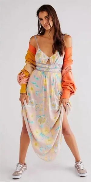 Free People Wisteria Maxi Dress Small Pink Floral Sleeveless Boho Romantic thumbnail 1
