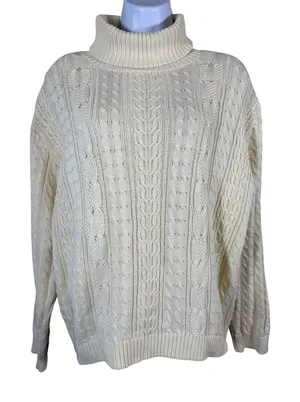 Wainscott Cable‎ Knit Turtleneck Sweater Women's M Cream 100% Cotton Fisherman thumbnail 1