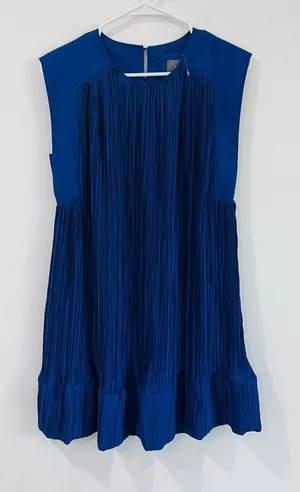 Anthropologie Blue Pleated Mini Dress XS Flowy Babydoll Minimalist Party thumbnail 1