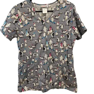 Scrub Star Gray White Black Winter Wonderland Penguin Short Sleeve Scrubs Top thumbnail 1