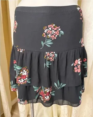 LOFT Black Tiered Mini Skirt with Pink & Green Floral Print thumbnail 1