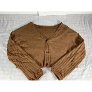 ROMWE Brown Waffle Knit Cropped Cardigan Sweater Women's Size L Large Boho Cozy thumbnail 5