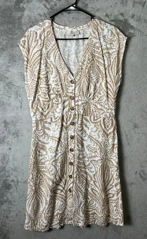 LOFT Linen Blend Beige Paisley Button Front Dress V Neck Summer Cottagecore 8‎ thumbnail 1