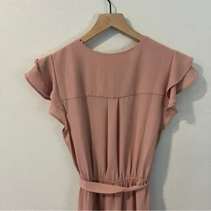 Monteau‎ Pink Crepe Chiffon Button Front V-Neck Flutter Cap Sleeve Midi Dress L thumbnail 5