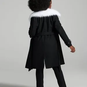 Gabrielle Union NWT Black Wool Blend Belted Coat Removable Faux Fur‎ Collar XS thumbnail 3
