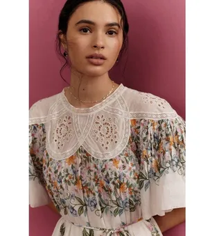 Farm Rio Sweet Bloom Dress Small Mini Bouquet Short Sleeve Eyelet Lace Garden thumbnail 5