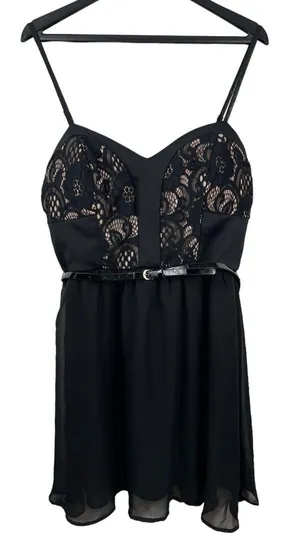 Lila Rose Black Lace Adjustable Strap Belted Mini Skater Slip Dress XL thumbnail 1