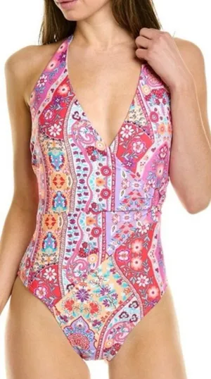 Nanette Lepore One Piece Swimsuit Floral Wrap Halter Size 12 thumbnail 1