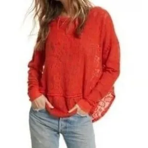 Free People‎ Orange Red Floral Eyelet Not Cold In This Top thumbnail 2