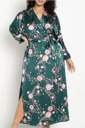 Eloquii Womens Satin Faux Wrap Dress Green Pink Floral Blossoms Kimono-Inspired thumbnail 1