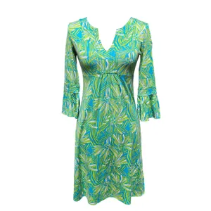 Lilly Pulitzer Silk Cotton Floral Bell Sleeve Dress Blue Green XS 96212 thumbnail 2
