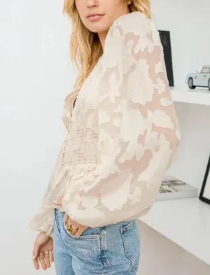 NWT Lulus Patio Date Ivory Floral Jacquard Button-Up Long Sleeve Top Size M thumbnail 3