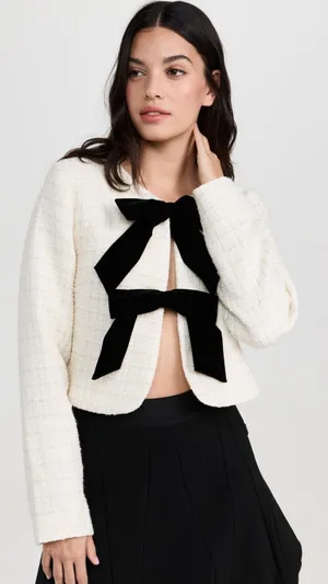 Line & Dot Kinzie Top, ivory cropped tweed jacket. Bow Detail Cropped Wool Poly thumbnail 1