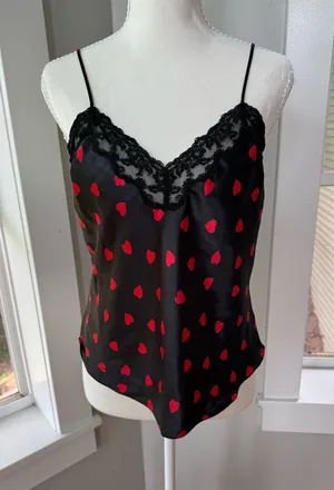 Vintage La Monette Black Lace Satin Camisole with Red Heart Print Size Medium thumbnail 1
