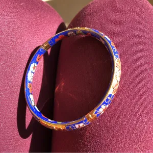 Vintage cloisonné blue hinged bangle bracelet thumbnail 1