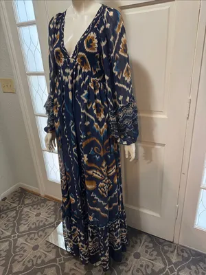 FARM Rio Pineapple Blue Ikat Maxi Dress Boho Long Sleeve Altered Length Small thumbnail 7